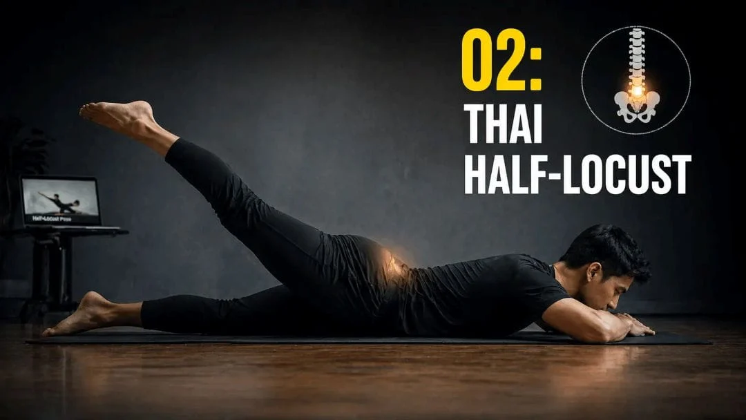 Thai half locust pose lower back stretch for desk workers