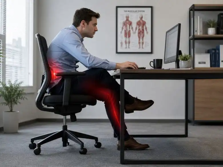 Office worker with poor sitting posture causing left leg tingling from nerve compression