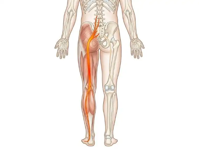 Anatomy diagram showing sciatic nerve path causing left leg tingling and numbness